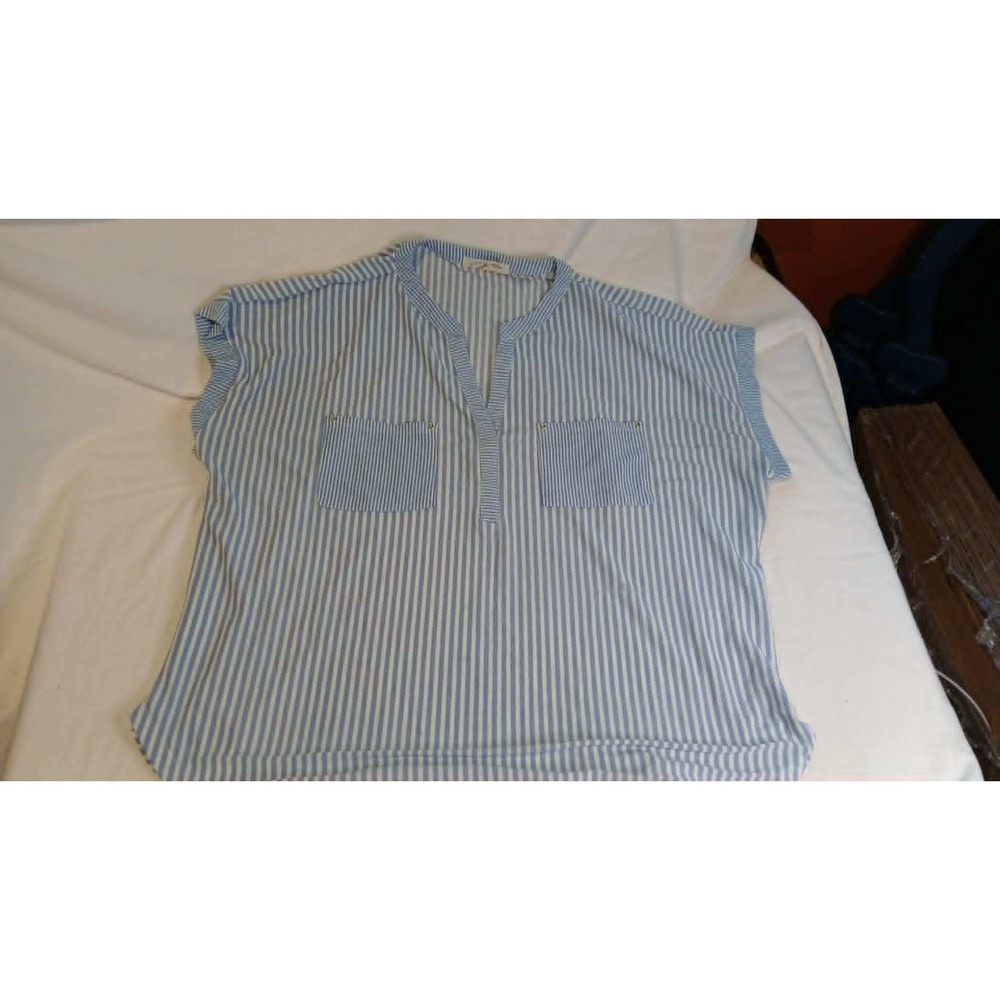 Joie De Vivre Striped Blue White Sleeveless Blouse V Neck Pockets Size 3X